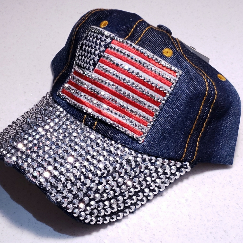 Rhinestone Hat, USA Flag Design, Blue Jean Style M